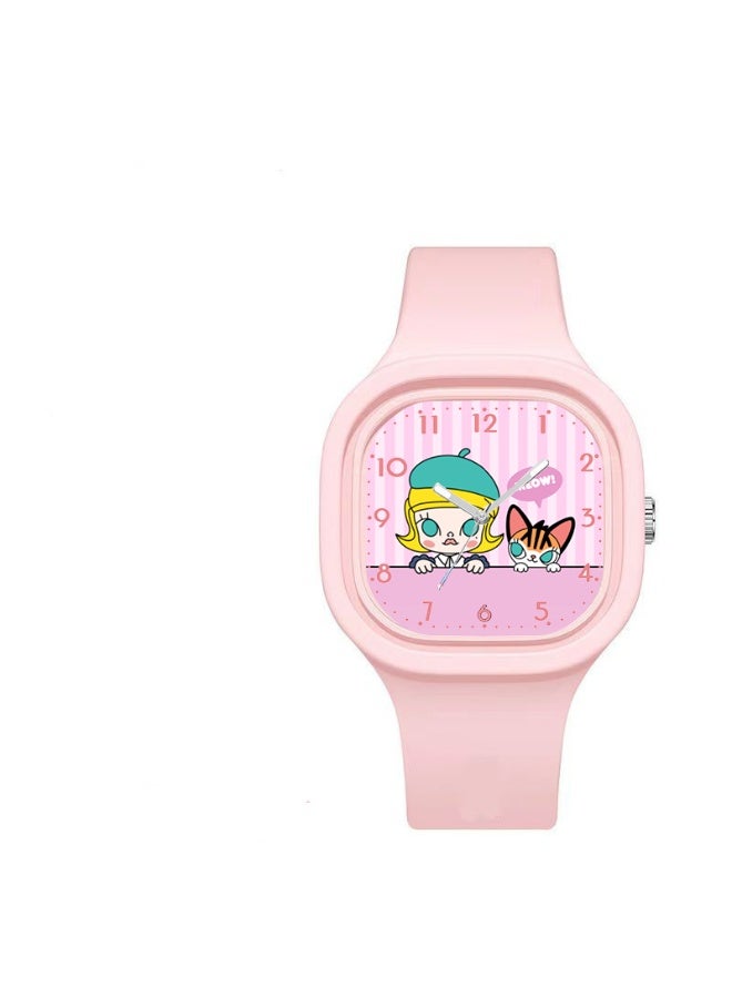 Pink square cartoon pop mart pattern children's watch silicone strap suitable for children of all ages gift watch - Image 1